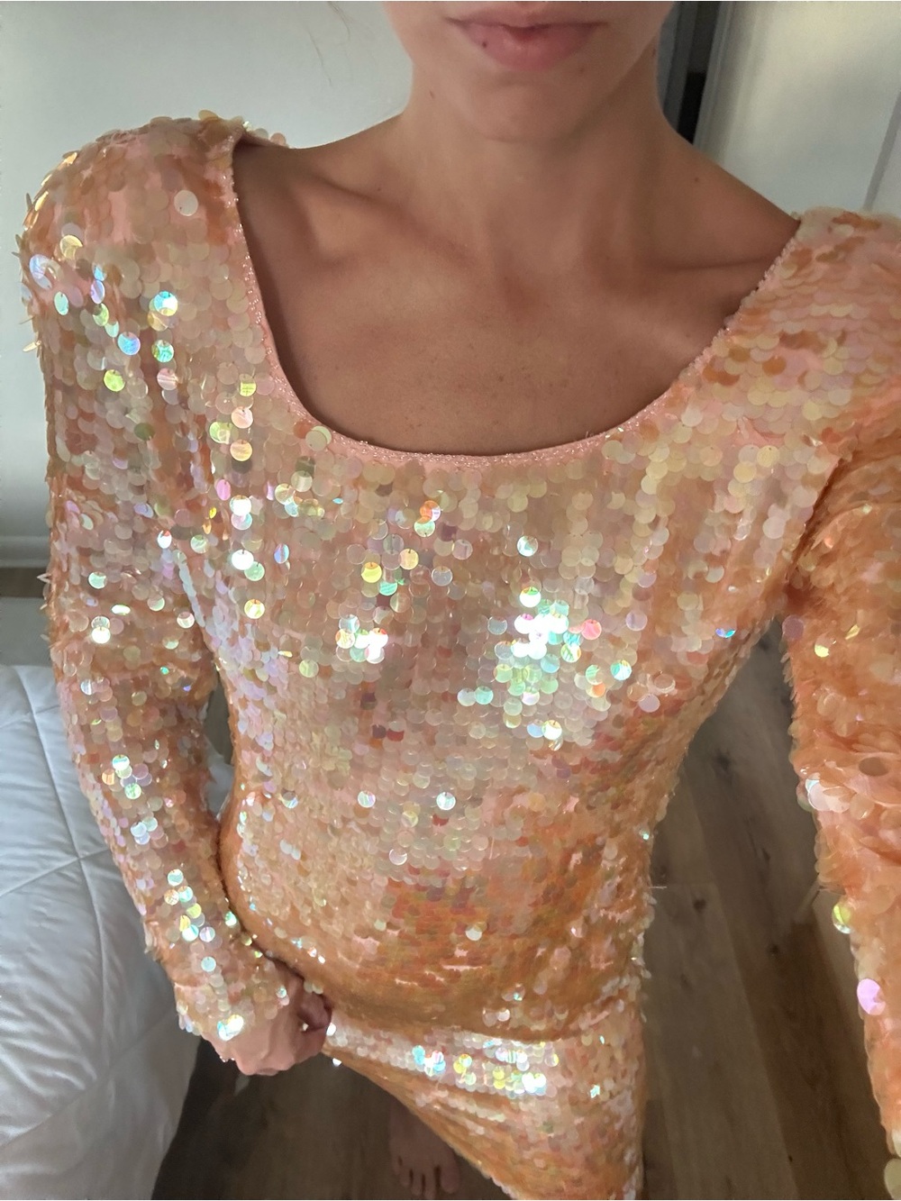 BlackTie Oleg Cassini Peach Iridescent Sequin Mini Dress